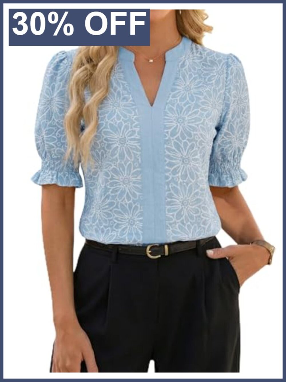 Floral Notch Neck Puff Sleeve Dressy Casual Blouse Business Top